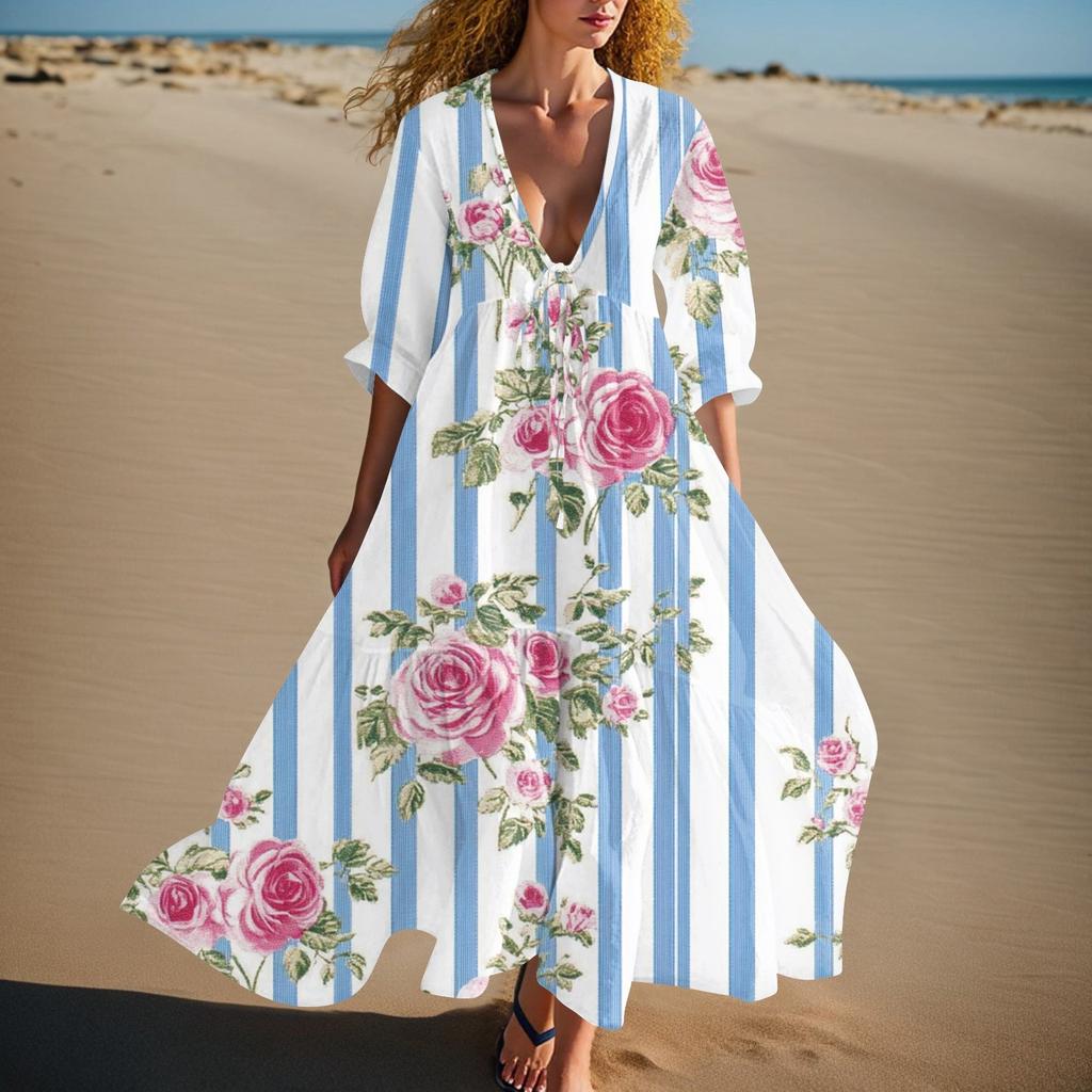 Women's Summer Fashion V-neck Retro Floral Print Short Sleeved Beach Dress With Lace Patchwork Dress
