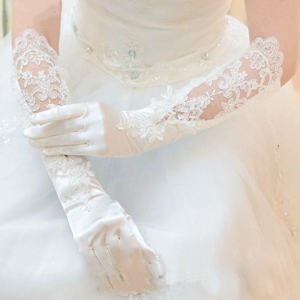 Lace Satin Long Gloves Vintage Long Finger Mittens Elegant Wedding Bridal Gloves  Lady