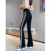 Black Striped Micro-Flare Sports Pants for Women - 2026 Spring Collection, High Waist Slimming Bell Bottoms, Plus Size, Extra Long.