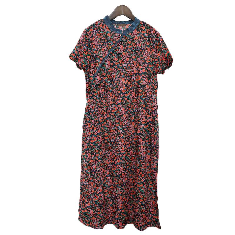 

Johnature Женские платья А-силуэта с винтажным принтом и цветочным принтом, хлопковое летнее платье с коротким рукавом в китайском стиле One Size