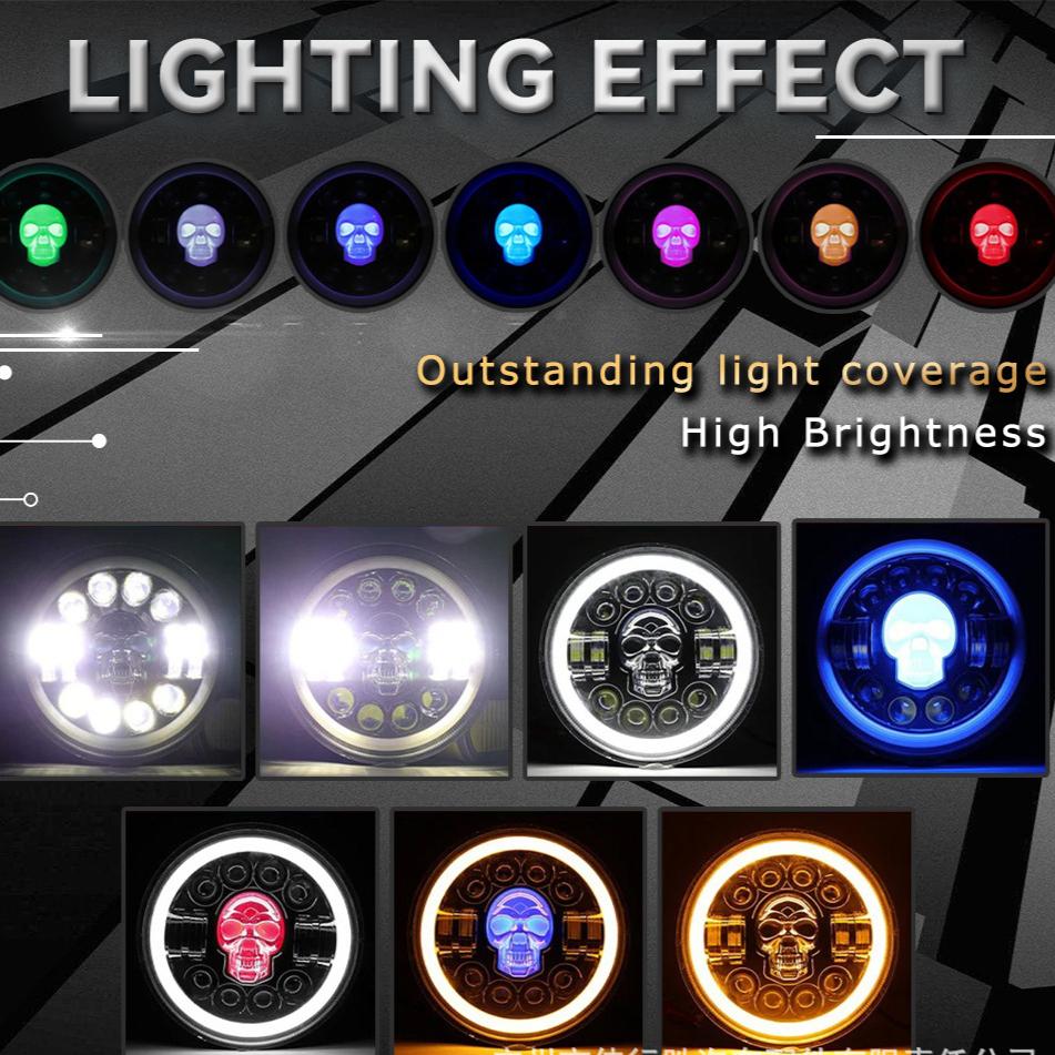 Skull Pattern 7in LED Motorcycle Headlamp 9-36V Hardwired Motor Vehicle Headlight for Modification Accessories