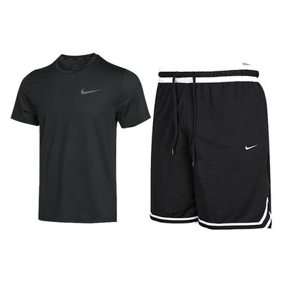 Logo Print Round Neck Short Sleeve T-Shirt And Color Block Drawstring Shorts Casual Sports Set Men Sets Black CZ1182-011+DH7161-010