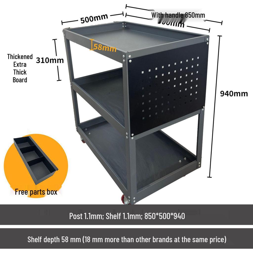 Three-Tier Hand Push Tool Cart for Auto Repair and Maintenance, Multi-functional Mobile Parts Storage Shelf