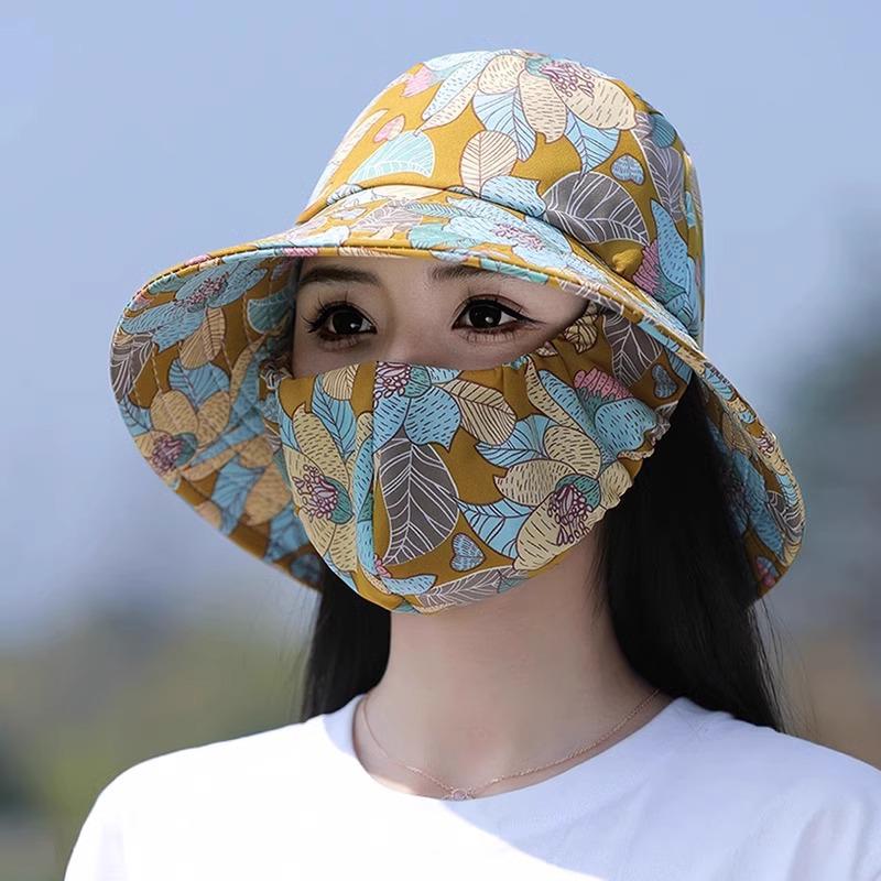 Floral Sun Hat with Integrated Face Mask for Summer Field Work