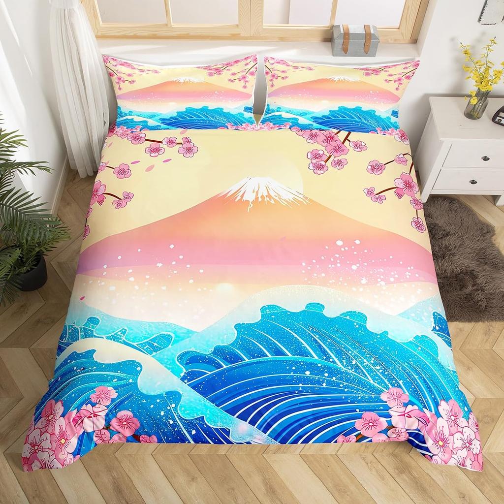 Cherry Blossoms Bedding Set for Boys Girls Japanese Style Floral Botanical Comforter Cover Twin King Sakura Flower Duvet Cover