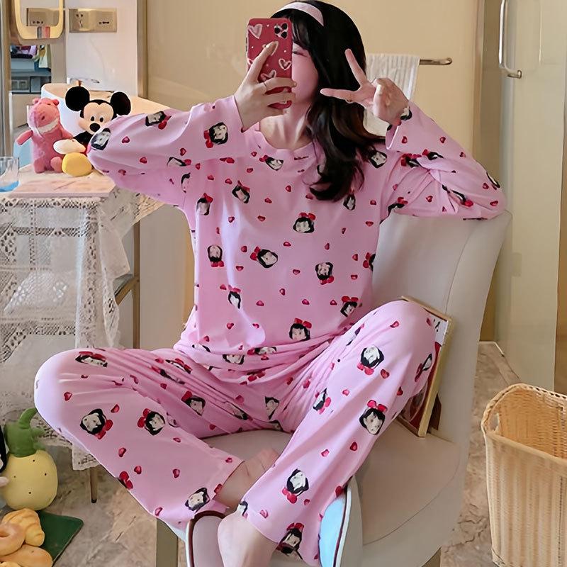 Set Pijama Dama Desen Animat - Cămașă cu Mânecă Lungă și Pantaloni, Haine de Casă pentru Studente Mignone pentru Primăvară și Toamnă