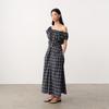 GREEN BELT Blue-Black Plaid Off-Shoulder A-Line Long Dress