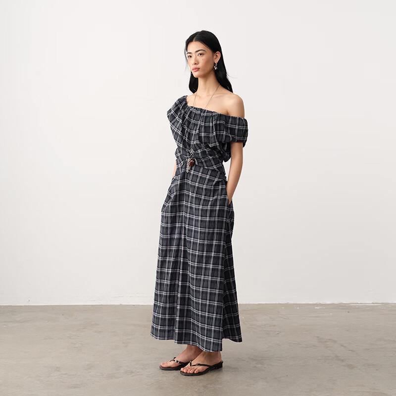 GREEN BELT Blue-Black Plaid Off-Shoulder A-Line Long Dress