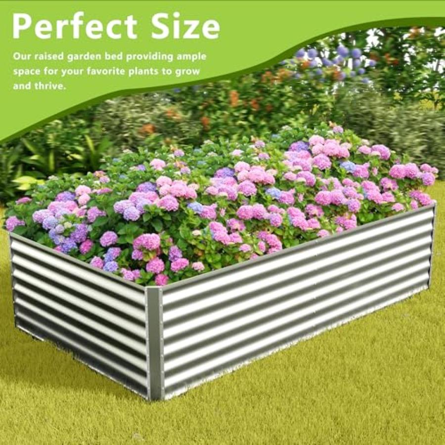 8x4x2FT Galvanized Raised Garden Bed Outdoor Metal Planter Boxes for Vegetables Silver Large Garden Beds with Rust-Resistant Co
