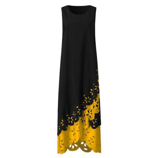 Women's Summer Fake Two Piece Swing Maxi Dress Casual Crew Neck Long Dress Hollow Flower Irregular Hem Sleeveless Tank Dress