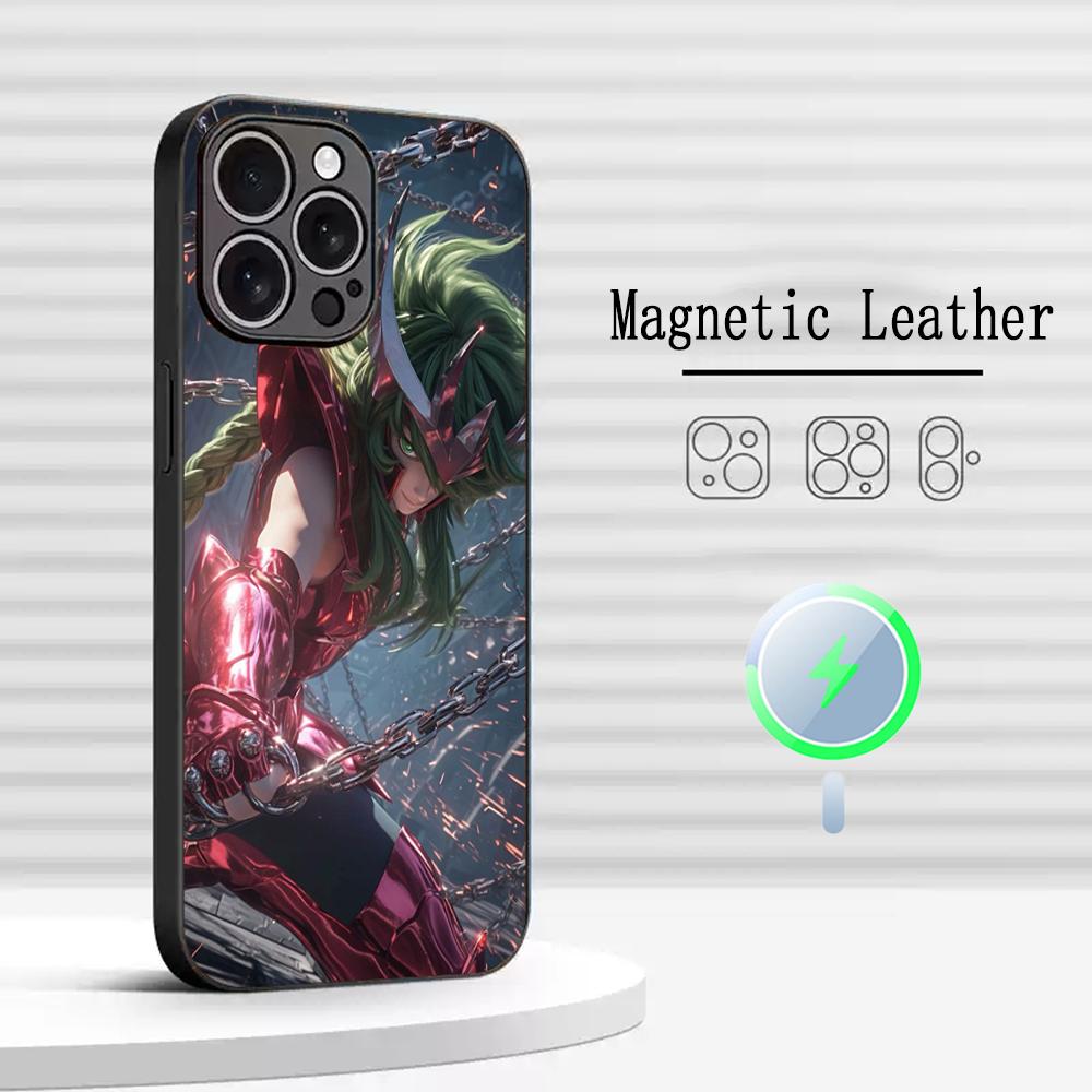 Classic Saint Seiya Cool Anime Design Phone Case For iPhone 16 15 14 13 12 11 Plus Pro Max  High-end Luxury Magsafe Sheepskin