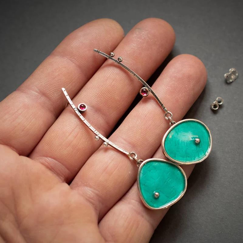 Asymmetrical Graffiti Antique Copper Earrings with Diamond Inlay - European & American Artisan Design