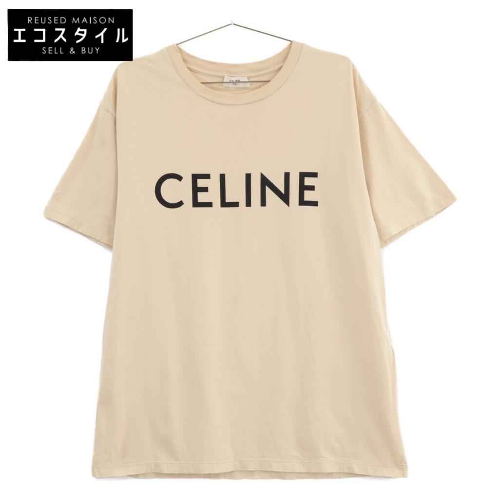 Celine Beige 2X681671Q Cotton Logo Short Sleeve T-Shirt Tops XS beigeUsed