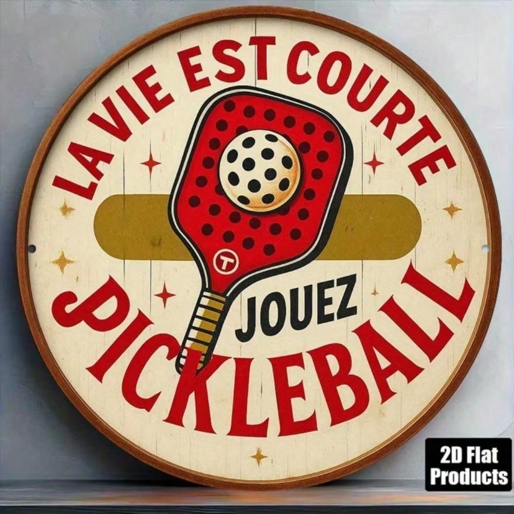 Vintage Pickleball Tin Sign 8 Inch Round Metal Wall Art Game Room Decor