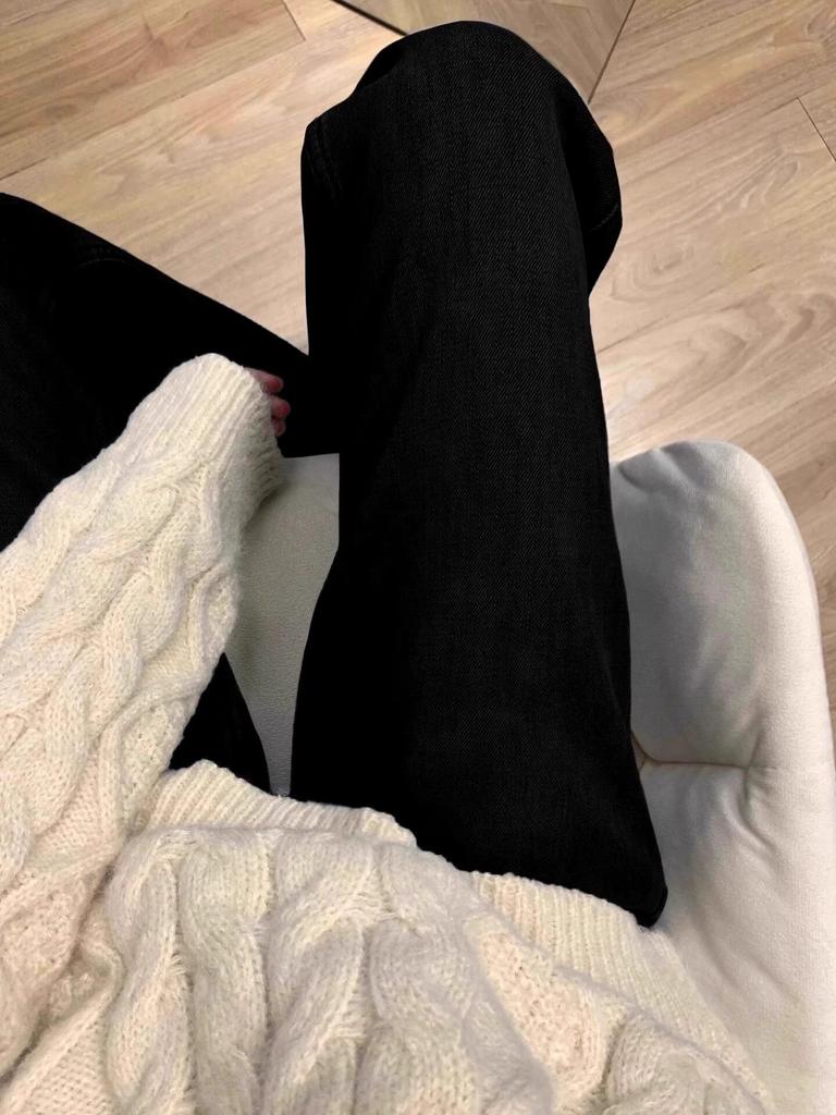 Plus Size High-Waisted Fleece-Lined Wide-Leg Jeans for Women - Autumn/Winter Straight Floor-Length Pants