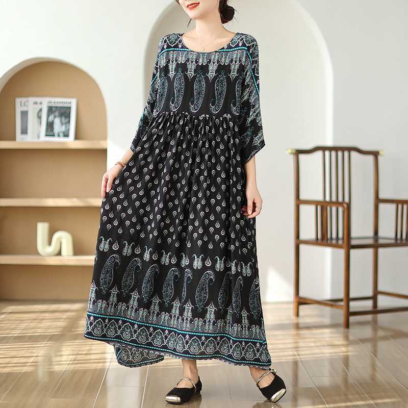 

Винтажное платье для путешествий в стиле отпуска, большой размер, прикрытие, тонкая длинная юбка с круглым вырезом One Size чёрный