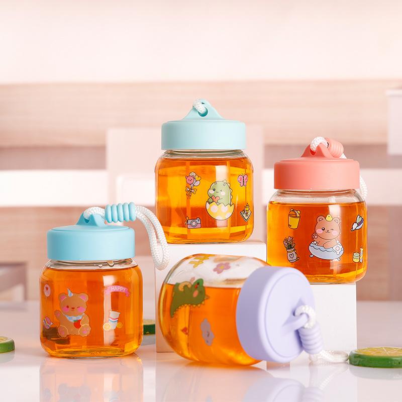 New Water Cup with Rope and Chubby Cup 300ml Cute Sticker Glass Cup, High Appearance Portable Outdoor Drinking Cup