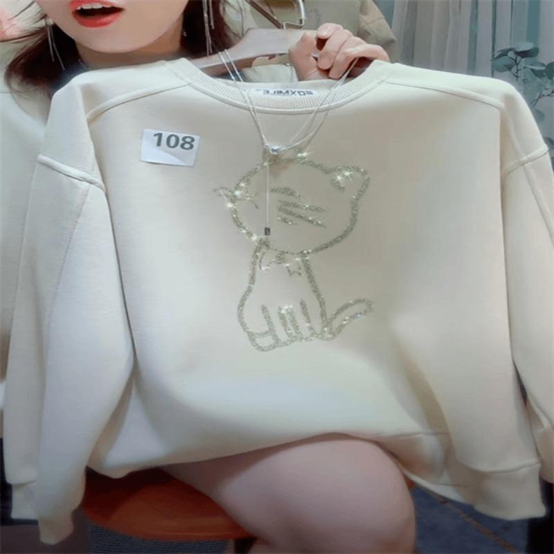 Hot Diamond T-shirt Korean Style Fashionable Loose Round Neck Sweatshirt for Women Autumn and Winter New Long-sleeved Top