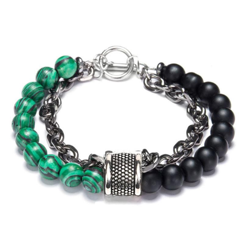 Natural Map Stone & Stainless Steel Men's Beaded Bracelet - Unique Fashion Jewelry