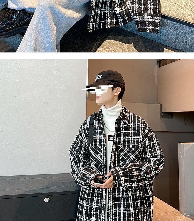 Men's Plaid French-Style Wool Coat - Autumn/Winter Trendy Lapel Loose Jacket.