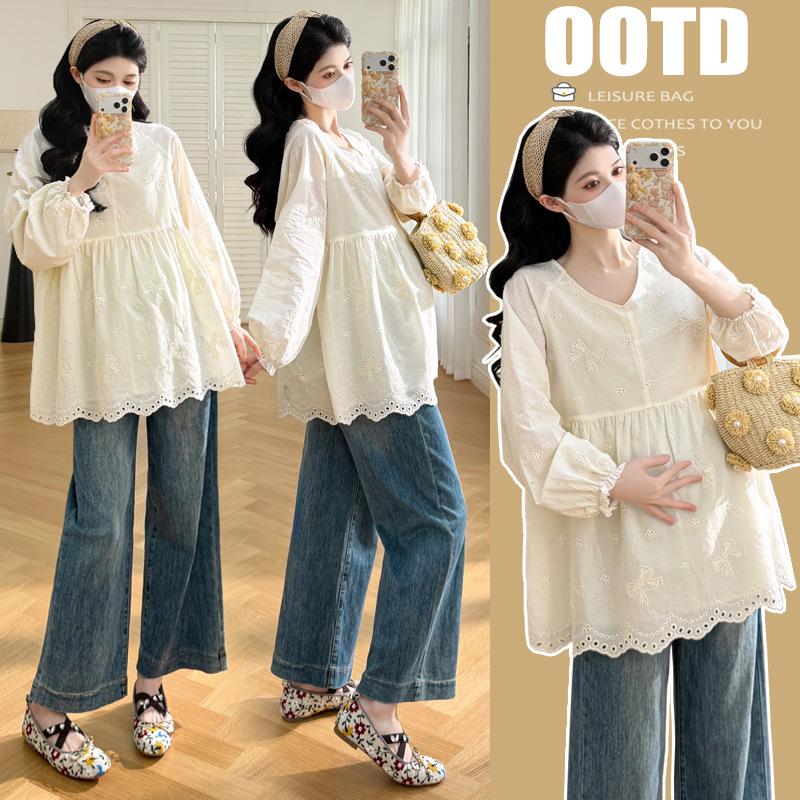 2026 Spring Sweet Embroidered Maternity Doll Shirt - Loose Belly-Covering Hollow-Out Top 2XL