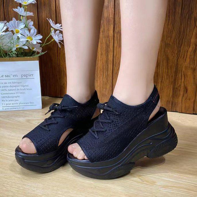 White Women Platform Sandals 2024 Summer New Knitted Fish Mouth Shoes High Heels Chunky Platform Sports Sandals Female Sneakers