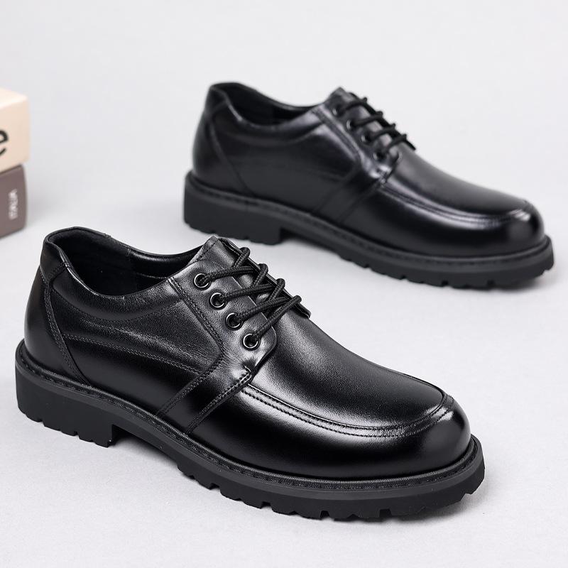 

Men s shoes leather lace-up single shoes dress big head thick sole round head low top first layer cowhide casual leather shoes 38