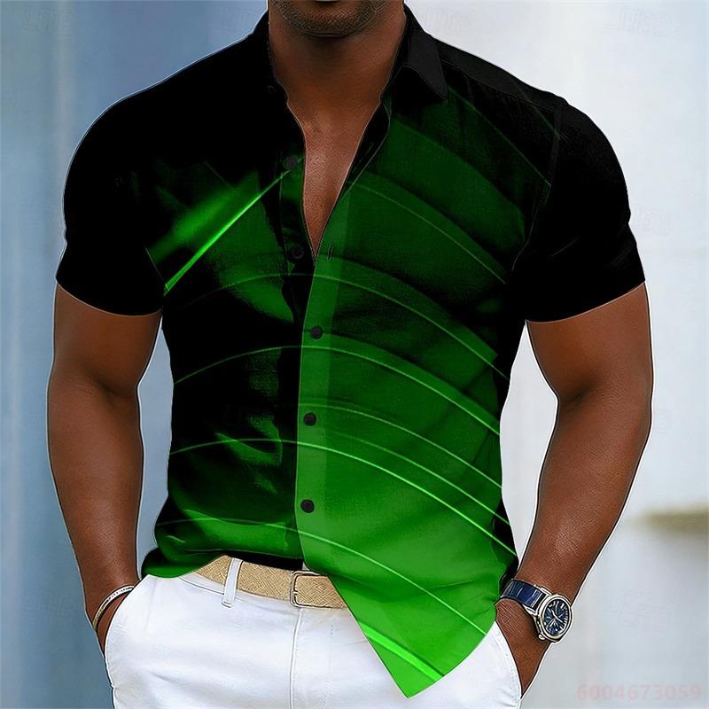 Herren Color-Blocked Abstrakt Gestreiftes Kurzarmhemd, Sommer Mode Lässiges Herrenhemd, Hawaiihemd