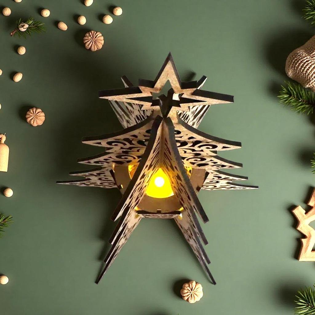 Christmas Tree Lantern Wooden Candlestick Table Lamp - Festive Home Decoration Ornament