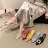 Square Buckle Rhinestone Bag Head Half Slippers Women's Outer Wear Summer 2025 New Thin Heel Short Heel Lazy Sandals Muller Shoes Women