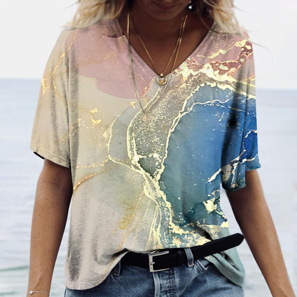 Women's T-shirt 2025 Summer New 3D Gradient Print Loose Retro Women V-neck Short Sleeved Street Style T-shirt Casual Top