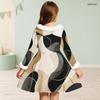 Girls High Neck Long Sleeve Printed A Line Flare Dress Blue Green Furry Trim Bow