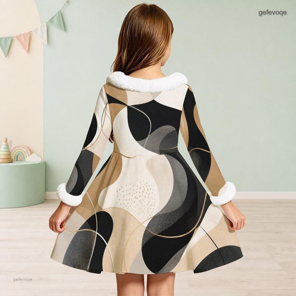 Girls High Neck Long Sleeve Printed A Line Flare Dress Blue Green Furry Trim Bow