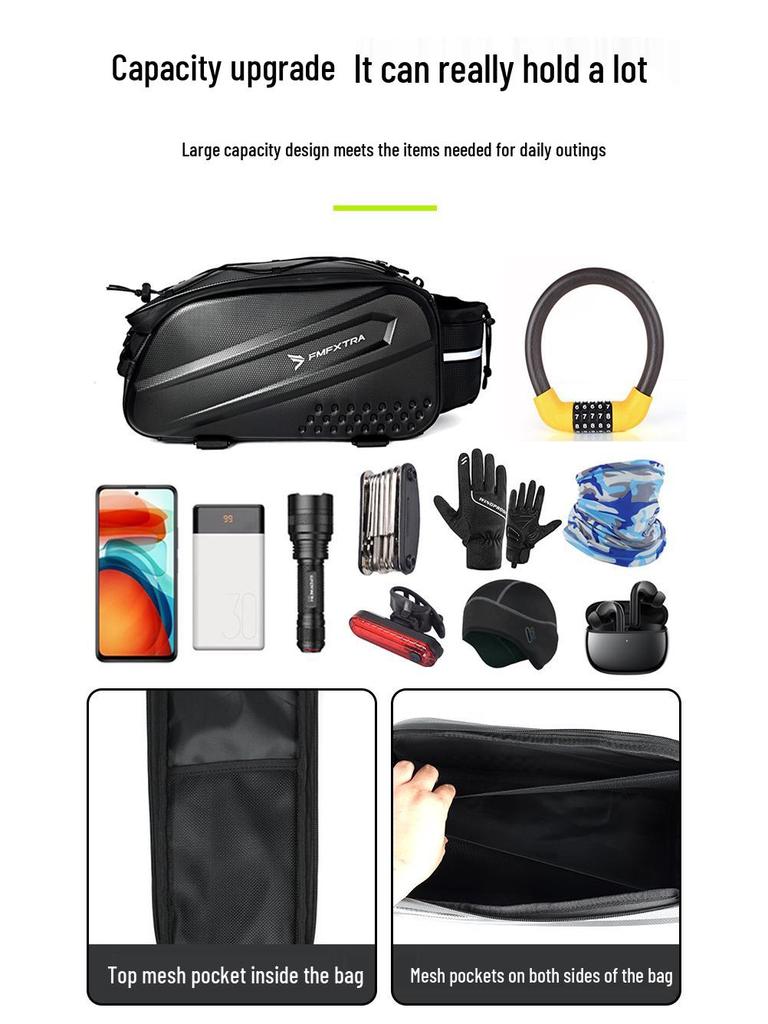 Mountain Bike Rear Rack Saddle Bag, 14L Hard Shell for Long-Distance Cycling Gear Storage.