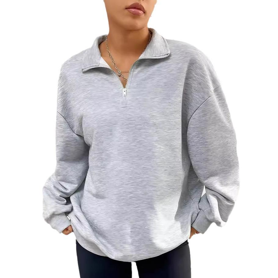 2024 Autumn/Winter Plus Velvet Half-Zip Polo Collar Loose Hoodie for Women