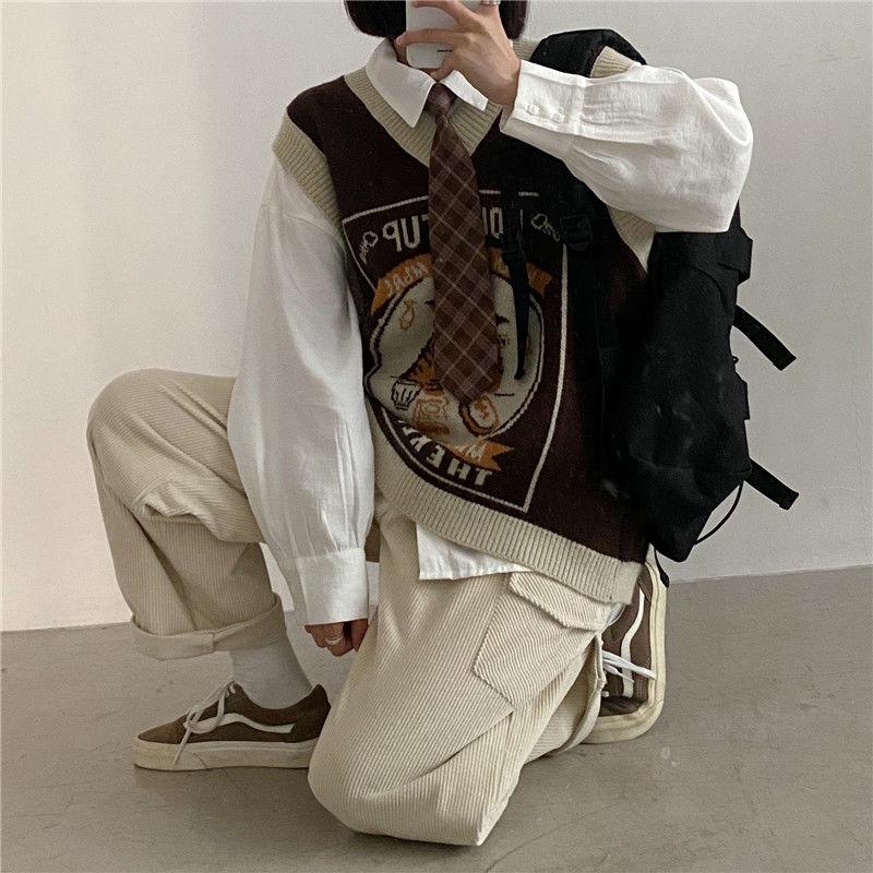 Sweater Vest Women Kawaii Cat Waistcoat Streetwear Knitting Chic Fashion College All-match Harajuku Y2k Vests