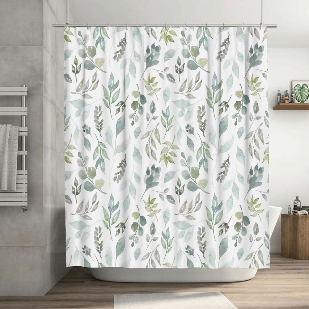 Leaf Pattern Shower Curtain Waterproof Bath Decor Home Decoration Green Beige 3D Printed Polyester Fabric Available in Various S