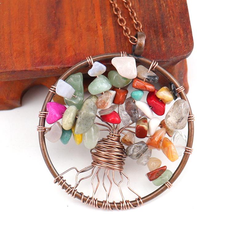 Ancient Red Copper Winding Natural Stone Crystal Tree Of Life Necklace Colorful Stone Necklace Jewelry N105