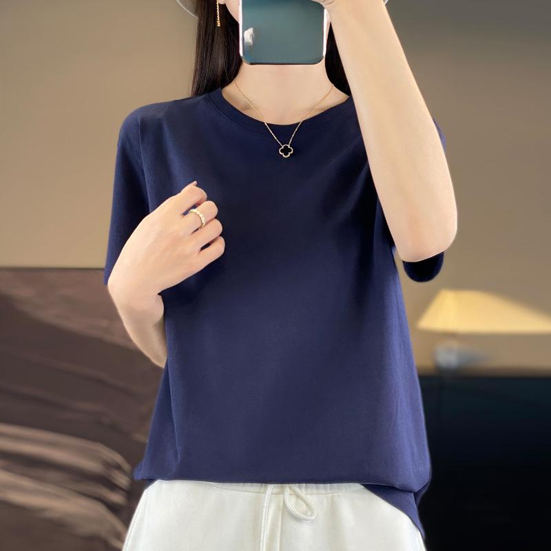 VEZFAA Women's Fashion Summer Spring Casual Solid Color Print Short Sleeve O-Neck T-shirts and Tops
