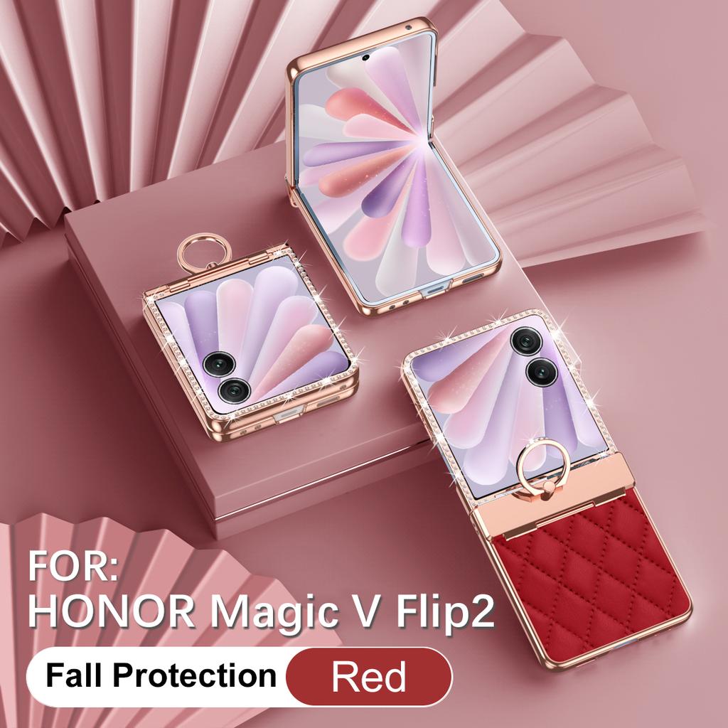 Luxury Fashion Diamonds Leather Plating Ring Holder Phone Case For Honor Magic V Flip 2 Hinge Full Protection V Flip2 Cover