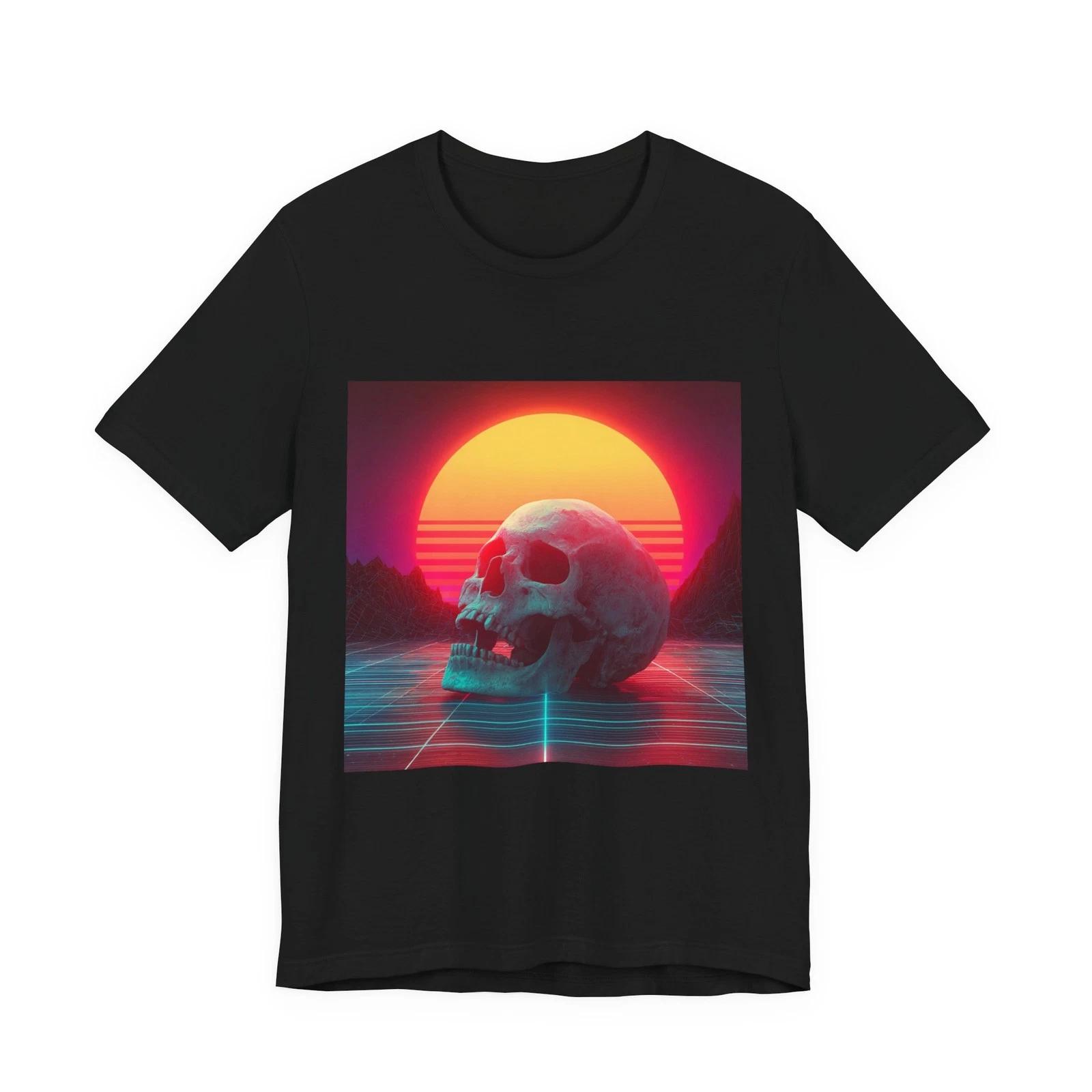 SYNTHWAVE Retro 80s Skull Sunset T-Shirt – VHS 1980s Aesthetic Vaporwave Arcade M