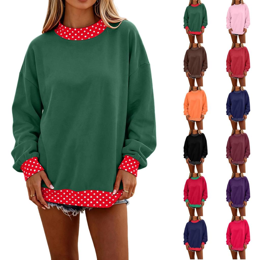 Women's Casual Versatile Color Block Pullover Sweatshirt with Polka Dot Print