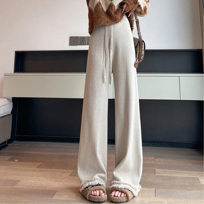Fashion Vintage Tassel Knitted Wide Leg Pants Women Autumn and Winter High Waist Solid Slim Casual Pants Woman Elegant Simple Plus Size Trousers 25701