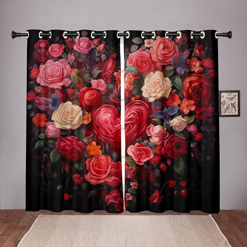 2 Piece Vintage Rose Love Heart Curtains Valentine's Day Red Floral Pattern Living Room Bedroom Kitchen Balcony Decor Curtains
