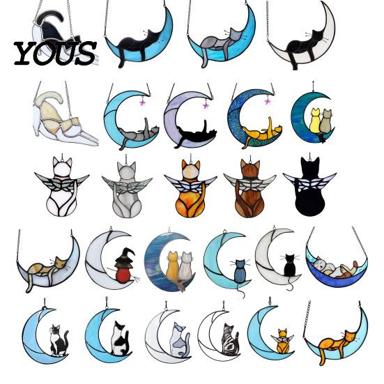Decorative Hanging Ornament Acrylic Cat Pendant with Chain, Animal for Window Crescent Wall Decor, Cute Lover Gift Home Room Decoration Light