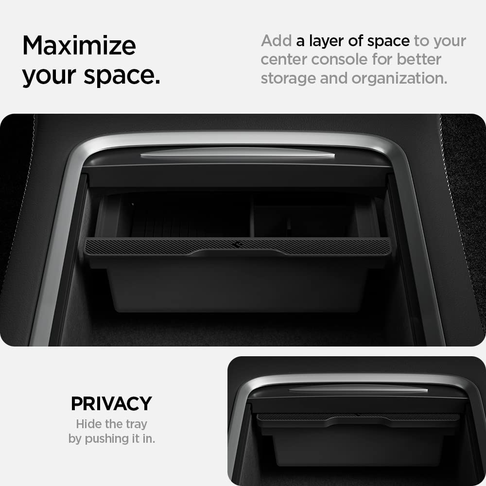 Spigen Center Console Organizer Tray for Tesla Model Interior Flocked Armrest Hidden Cubby Drawer Storage Box with Coin and Sunglasses TO220 ACP04508