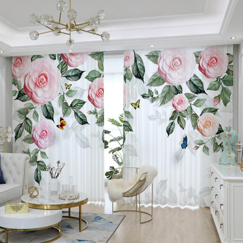 

2 Panels Pink Flower Curtain Green Leaf Curtain Butterfly Voile Tulle Curtain for Kitchen Bedroom Balcony Window Sheer Cortinas (50W130H)x2(CM)&Rod Pocket
