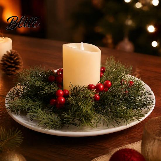 Christmas Candle Ring Candlestick Wreath Red Poinsettia Pine Needle Berry Decor Wreath with Berries Tabletop Centerpiece for Home Party Wedding
