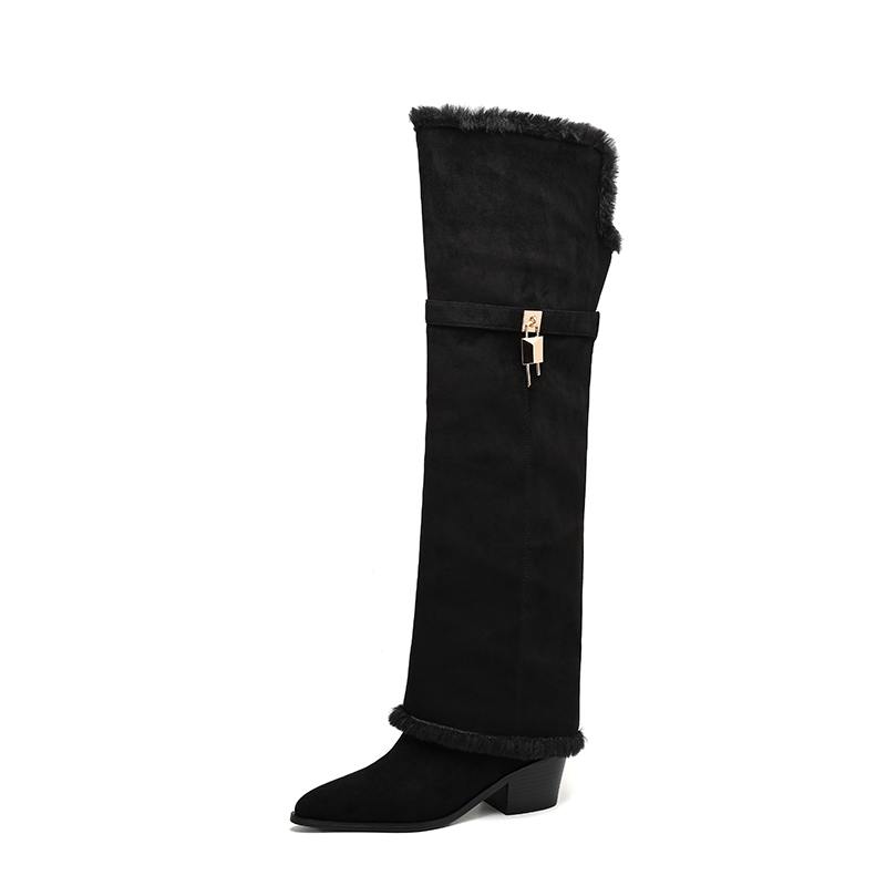 Krazing Pot Flock Pointed Toe Thick High Heels Thigh High Boots Size 46 Size 45 Slip On Plus Size Women Keep Warm Over-the-knee Boots