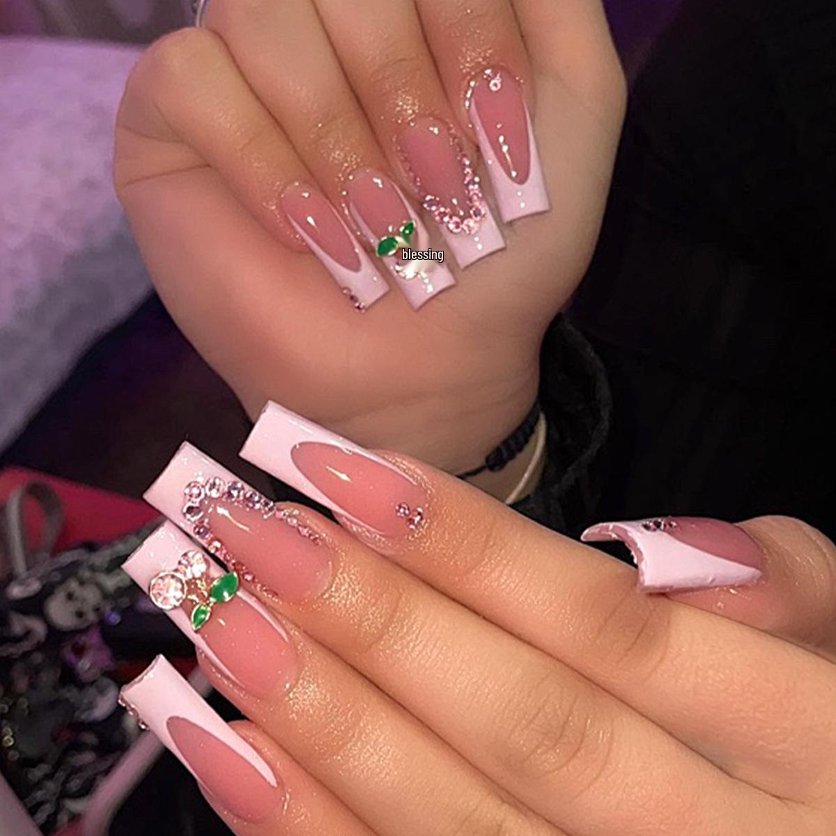 

Cherry Rhinestone Pink & White French Tip Removable False Nails